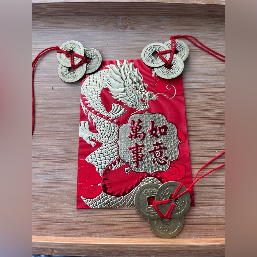 Chinese New Year Red Lucky Money Envelope 3 Feng Shui Coin Set - Picture 3 of 9